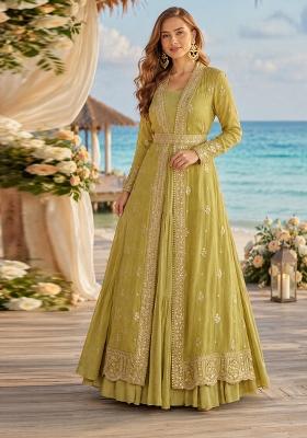 Mustard Embroidered Silk Anarkali With Jacket