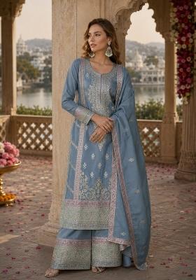 Sky Blue Embroidered Silk Kurta Set