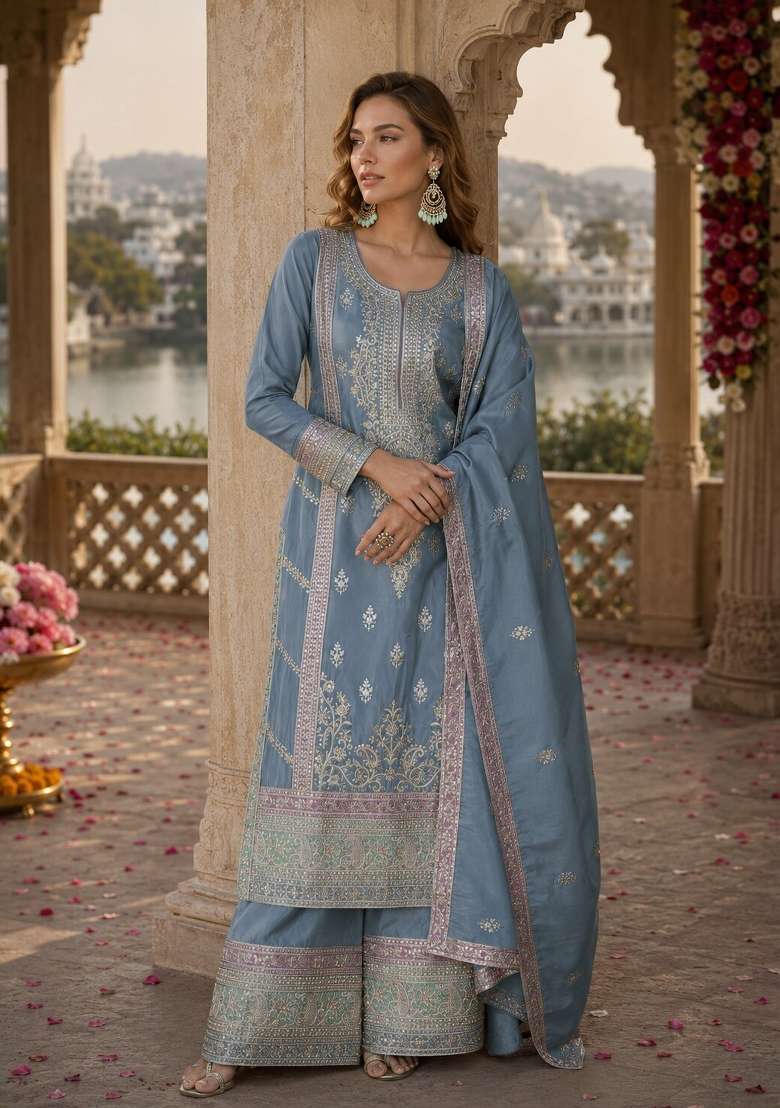 Sky Blue Embroidered Silk Kurta Set - Indya