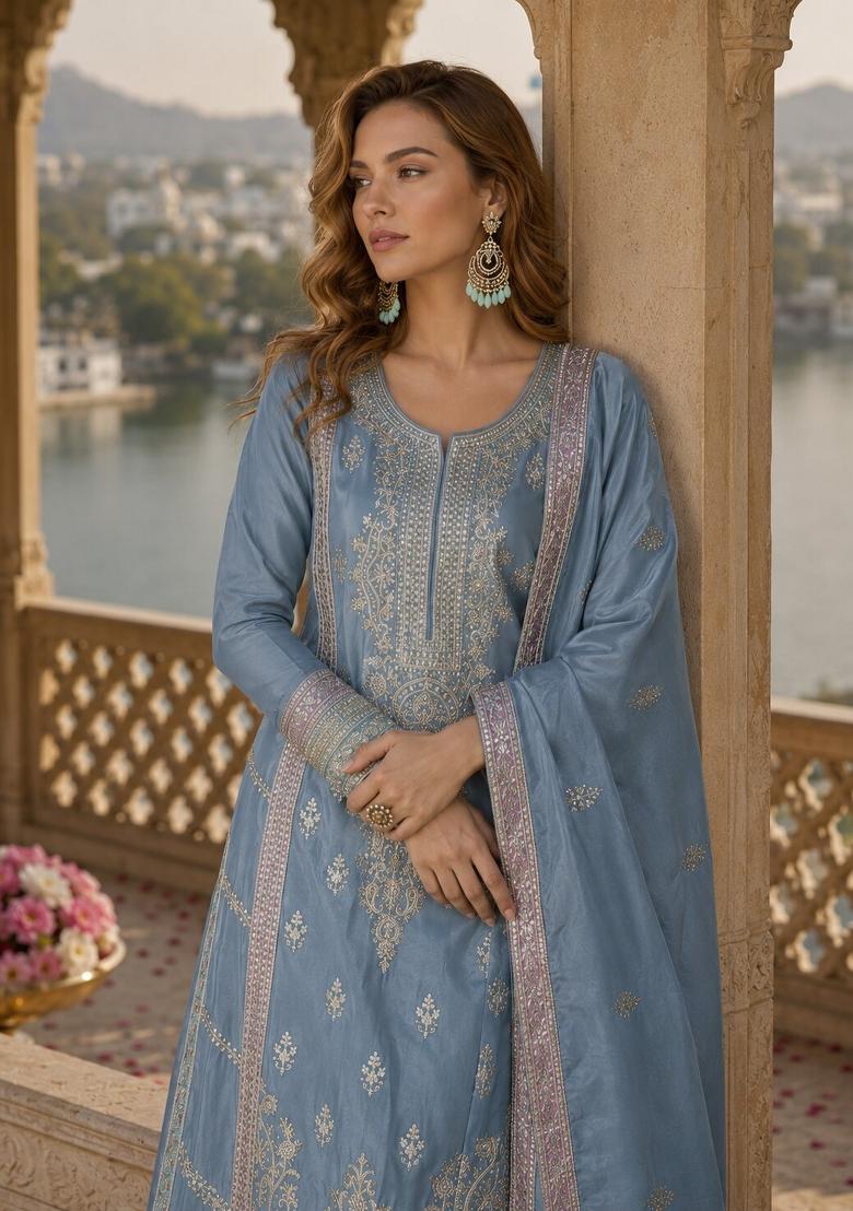 Sky Blue Embroidered Silk Kurta Set - Indya