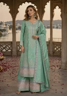 Sea Green Embroidered Silk Kurta Set