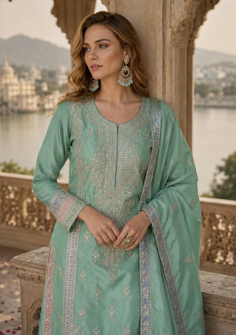 Sea Green Embroidered Silk Kurta Set - Indya