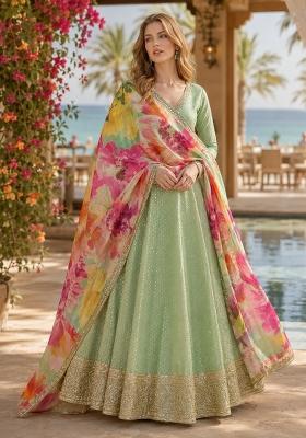 Green Embroidered Shimmer Anarkali With Dupatta