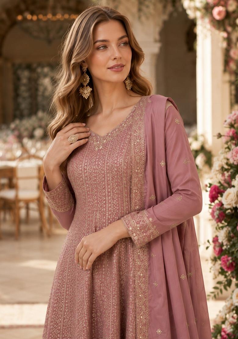 Peach Embroidered Georgette Kurta Set - Indya