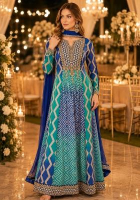 Blue Embroidered Silk Anarkali With Dupatta