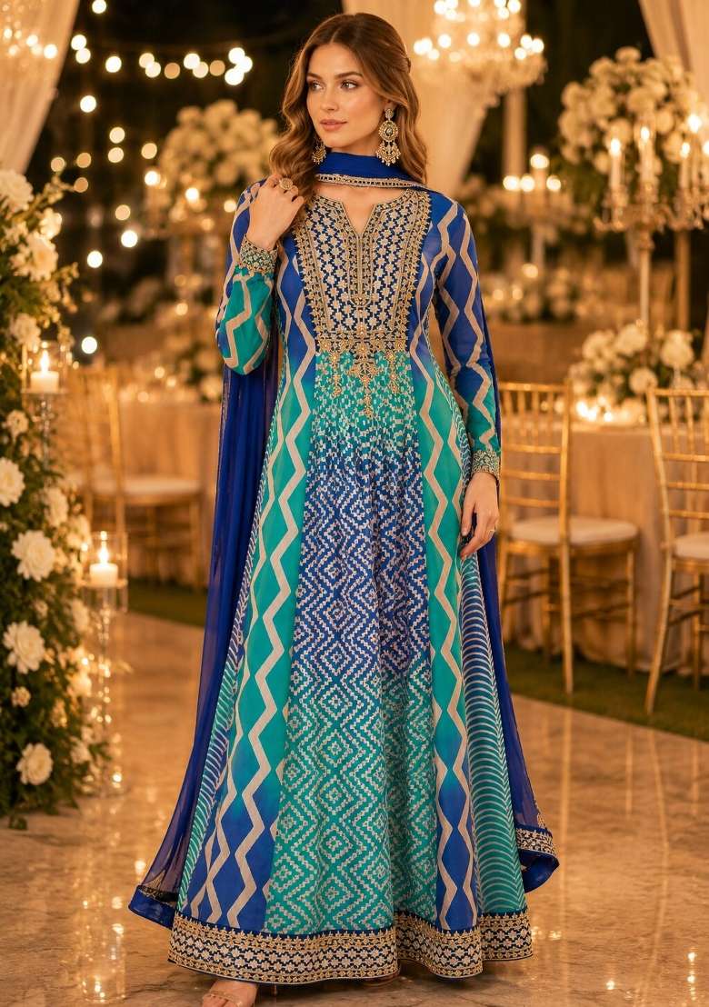 Blue Embroidered Silk Anarkali With Dupatta - Indya
