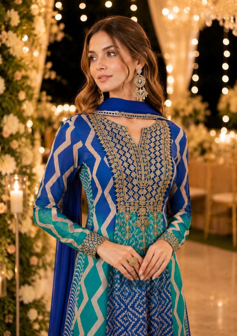 Blue Embroidered Silk Anarkali With Dupatta - Indya