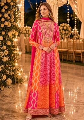 Pink Embroidered Silk Anarkali With Dupatta