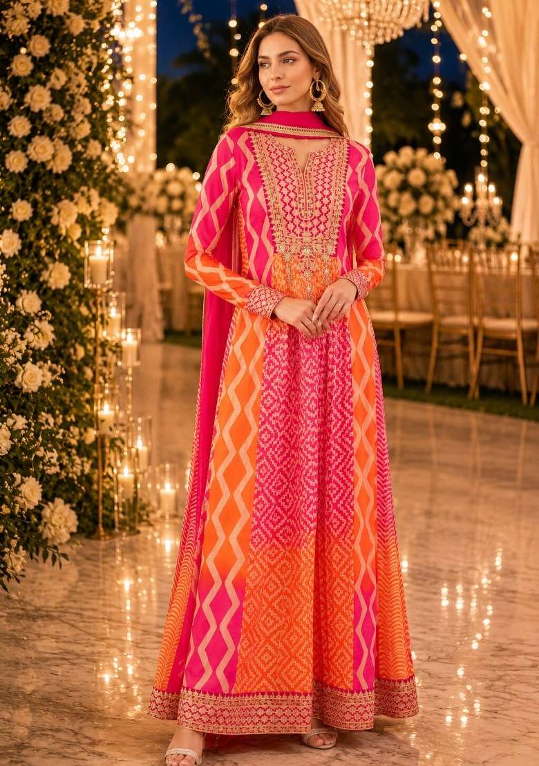 Pink Embroidered Silk Anarkali With Dupatta - Indya