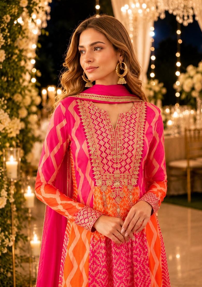 Pink Embroidered Silk Anarkali With Dupatta - Indya