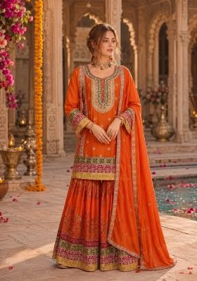 Orange Embroidered Silk Kurta Set