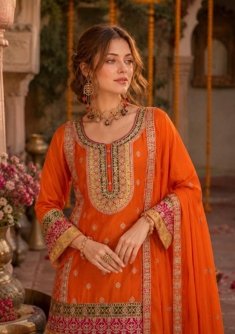 Orange Embroidered Silk Kurta Set - Indya