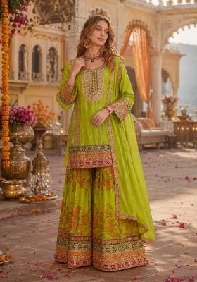 Parrot Green Embroidered Silk Kurta Set