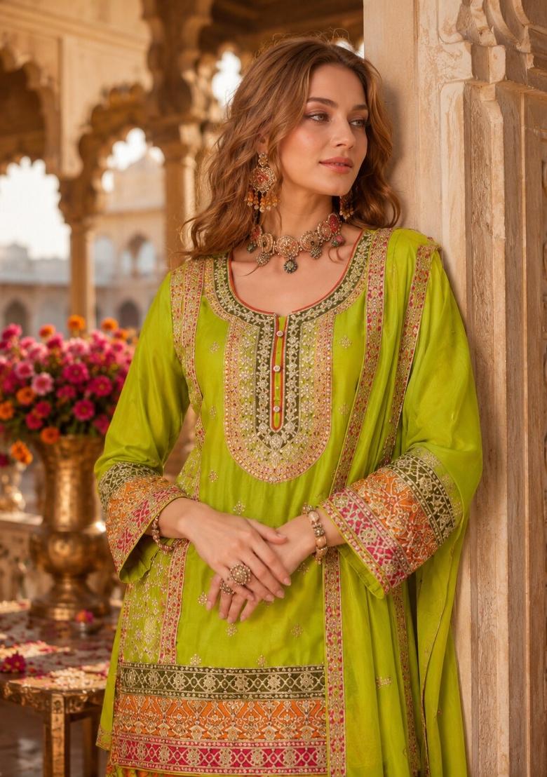 Parrot Green Embroidered Silk Kurta Set - Indya