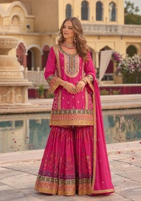 Rani Pink Embroidered Silk Kurta Set