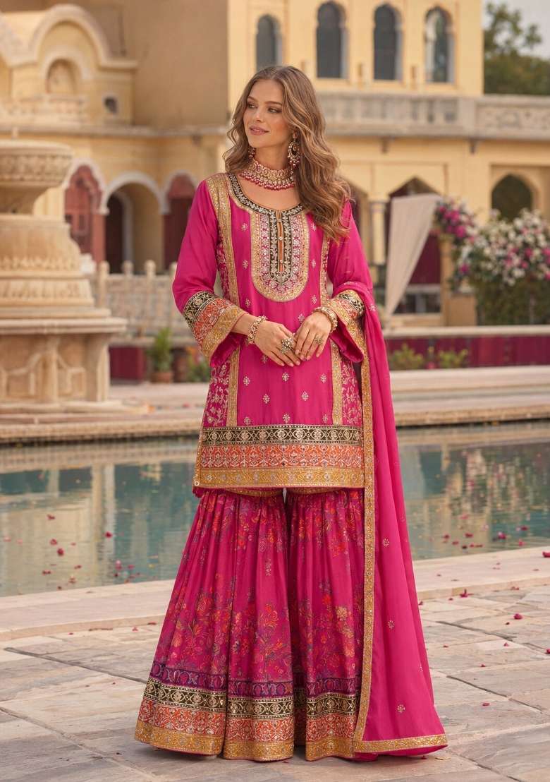 Rani Pink Embroidered Silk Kurta Set - Indya