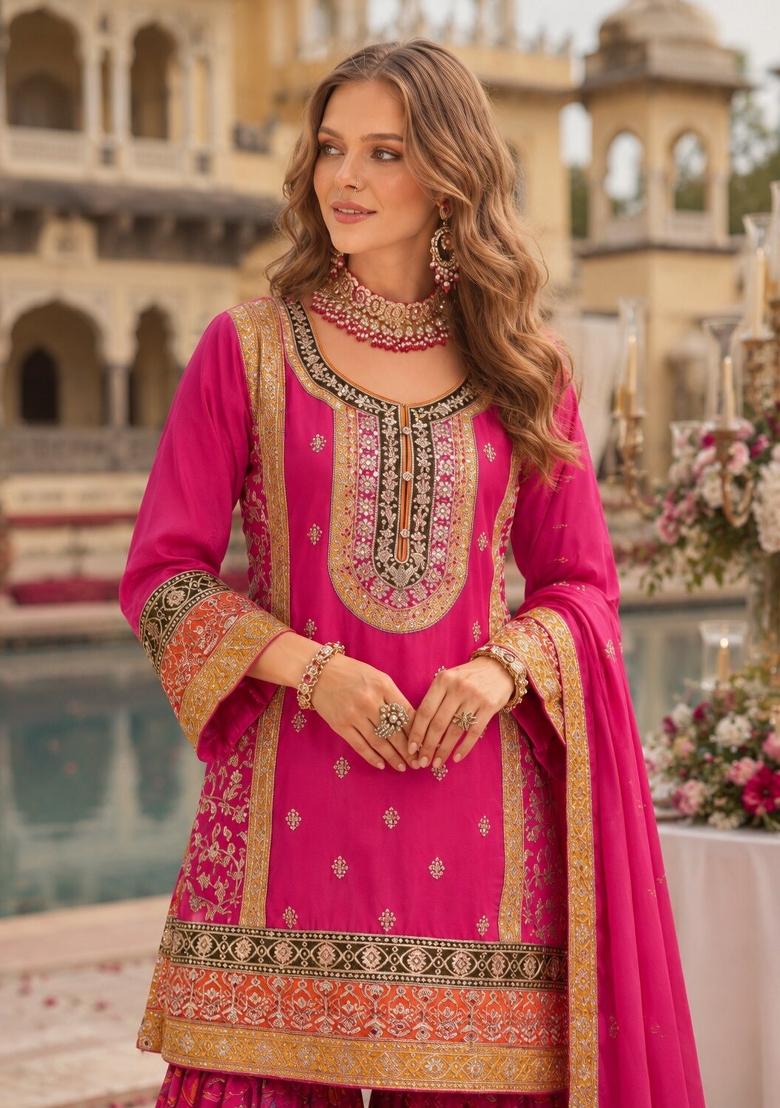 Rani Pink Embroidered Silk Kurta Set - Indya