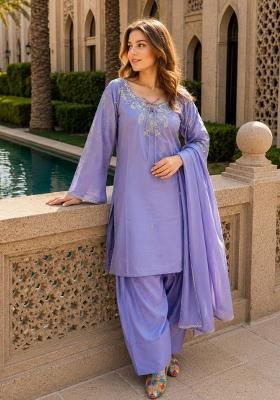 Lavender Beads Work Crepe Kurta Set