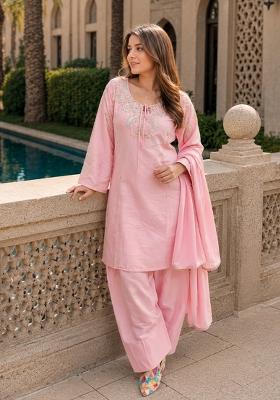 Peach Beads Work Crepe Kurta Set