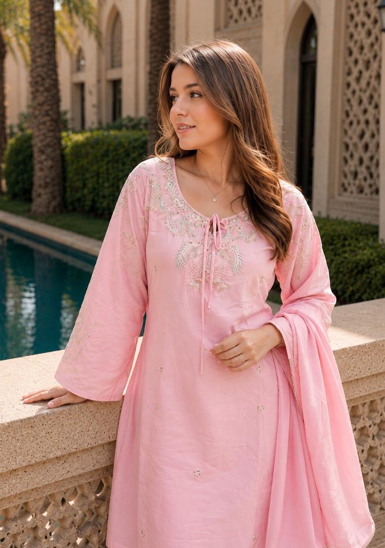 Peach Beads Work Crepe Kurta Set - Indya