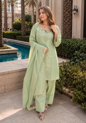 Green Beads Work Crepe Kurta Set