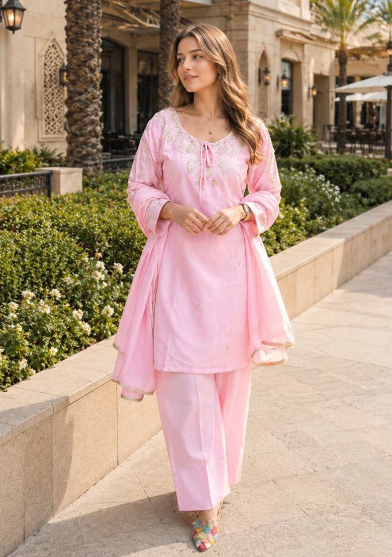 Baby Pink Beads Work Crepe Kurta Set - Indya