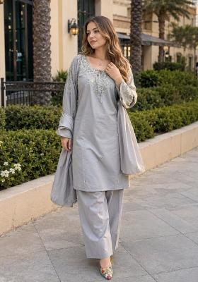 Grey Beads Work Crepe Kurta Set