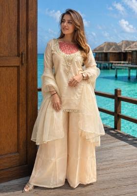 Cream Moti Work Shimmer Kurta Set