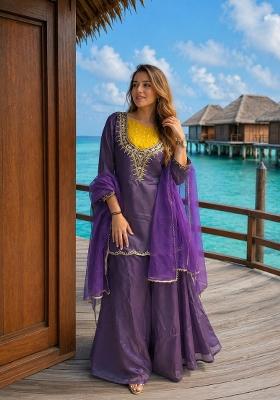 Purple Moti Work Shimmer Kurta Set