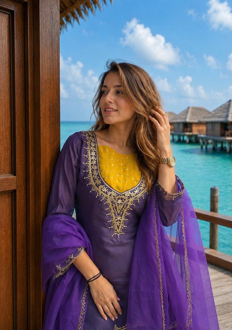 Purple Moti Work Shimmer Kurta Set - Indya