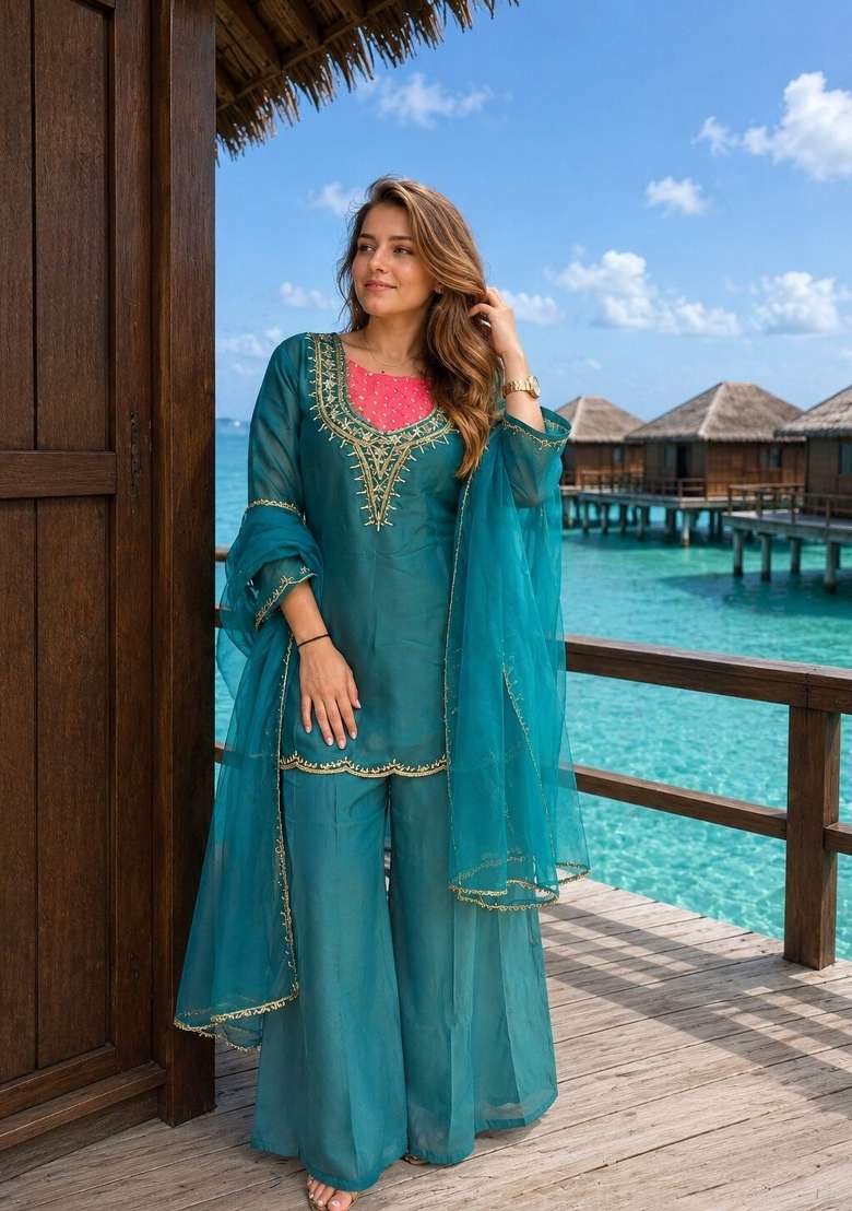 Sky Blue Moti Work Shimmer Kurta Set - Indya