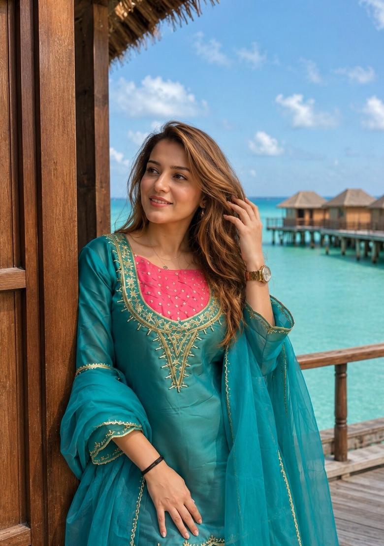 Sky Blue Moti Work Shimmer Kurta Set - Indya