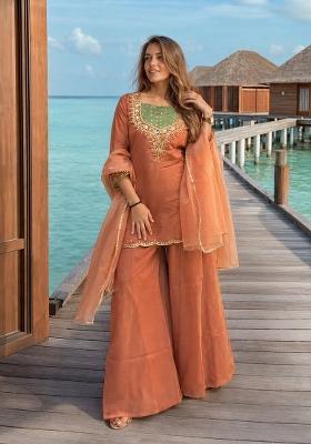 Dark Peach Moti Work Shimmer Kurta Set