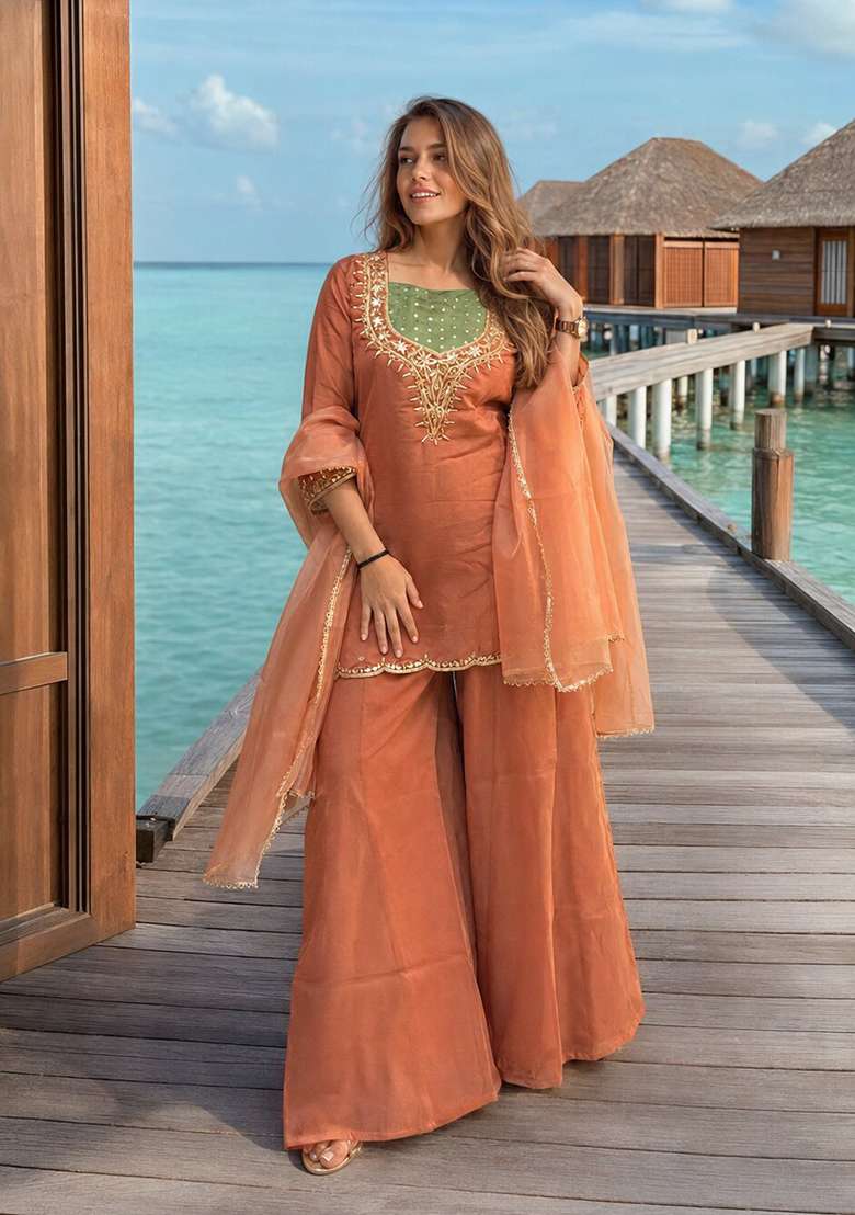 Dark Peach Moti Work Shimmer Kurta Set - Indya