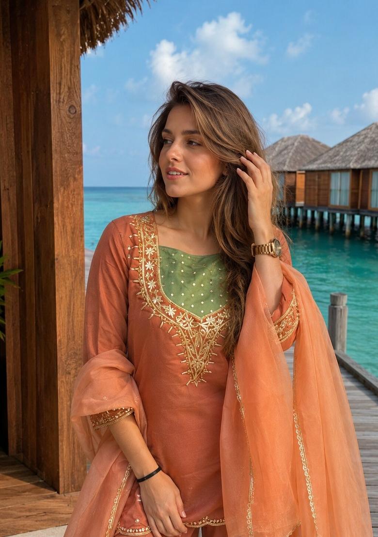 Dark Peach Moti Work Shimmer Kurta Set - Indya