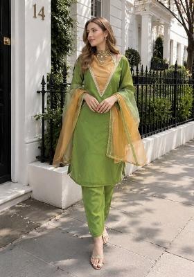 Parrot Green Embroidered Shimmer Kurta Set
