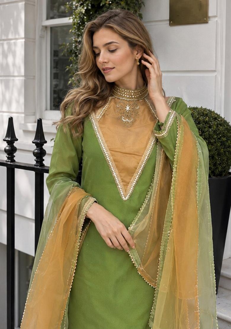 Parrot Green Embroidered Shimmer Kurta Set - Indya