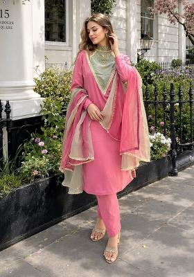 Rani Pink Embroidered Shimmer Kurta Set