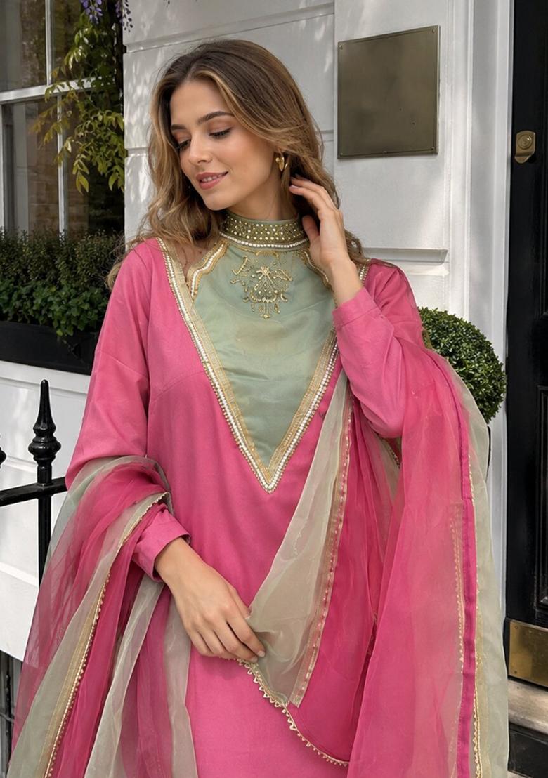 Rani Pink Embroidered Shimmer Kurta Set - Indya