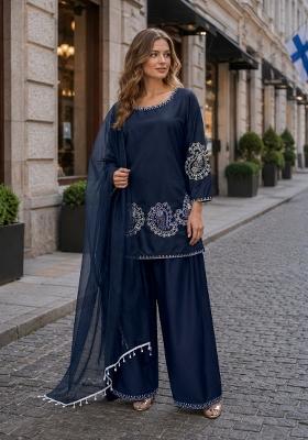 Navy Blue Embroidered Crepe Kurta Set