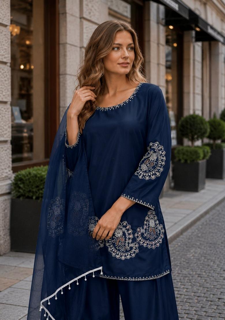 Navy Blue Embroidered Crepe Kurta Set - Indya