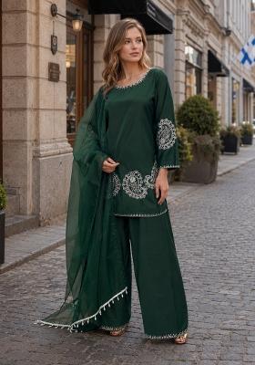 Dark Green Embroidered Crepe Kurta Set