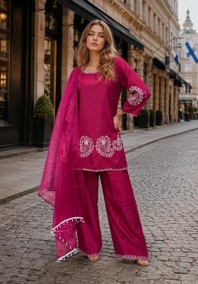 Dark Magenta Embroidered Crepe Kurta Set