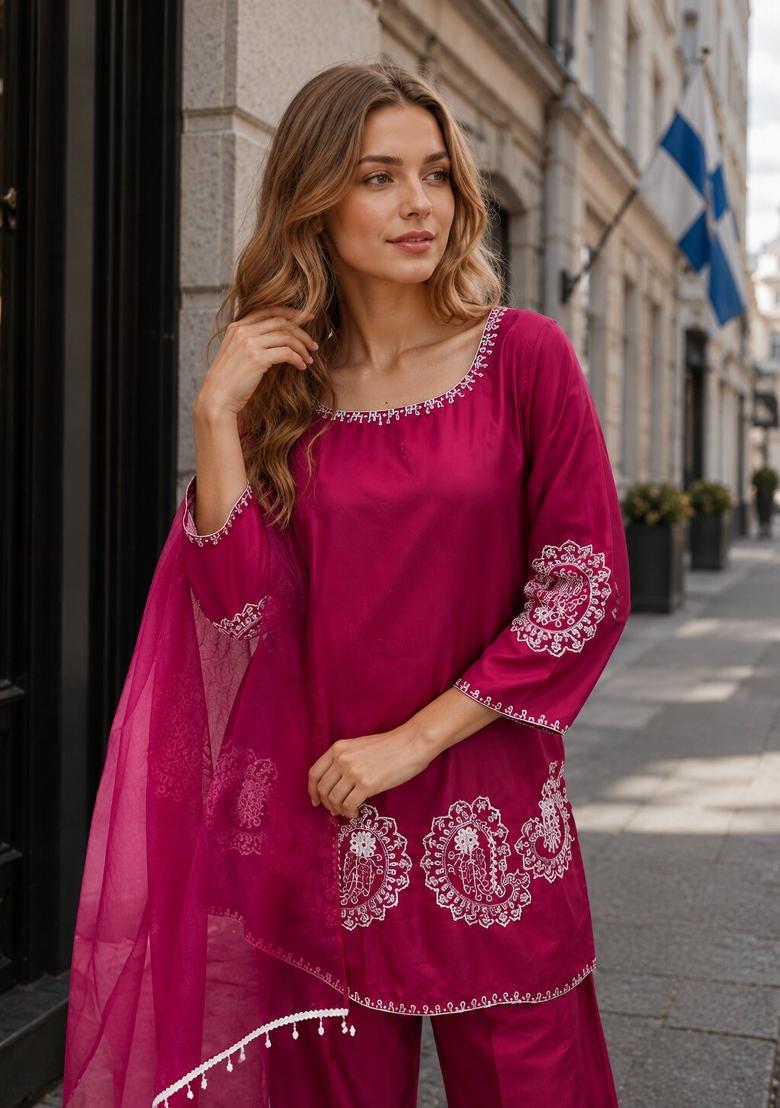 Dark Magenta Embroidered Crepe Kurta Set - Indya