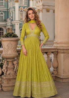 Lime Thread Work Viscose Anarkali With Dupatta