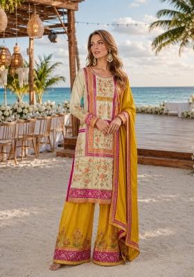 Cream Embroidered Silk Kurta Set