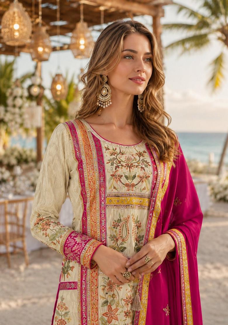 Cream Embroidered Silk Kurta Set - Indya