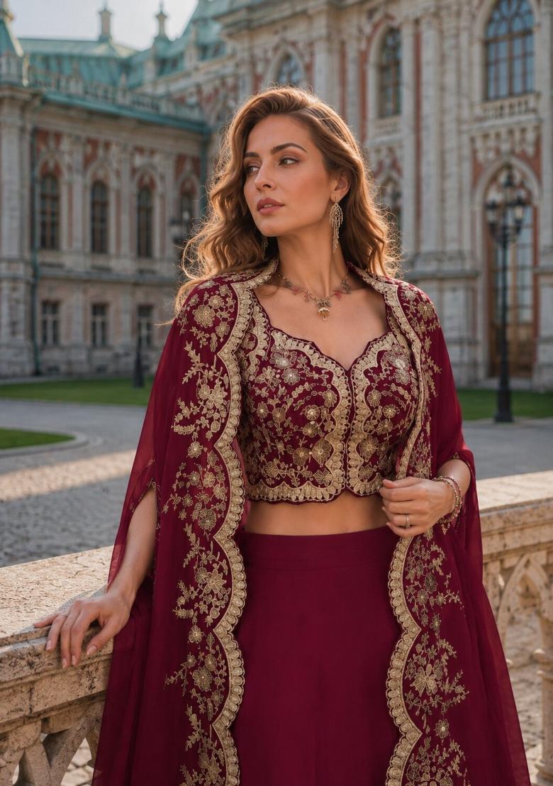 Blood Red Embroidered Silk Kurta Set - Indya