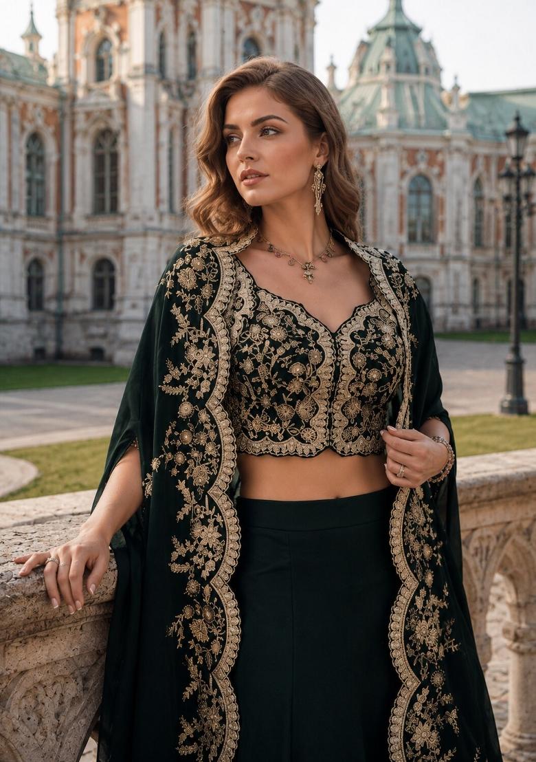 Black Embroidered Silk Kurta Set - Indya