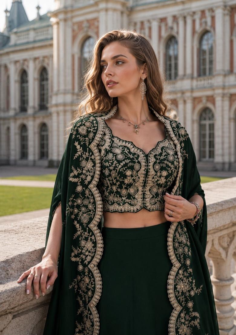 Green Embroidered Silk Kurta Set - Indya